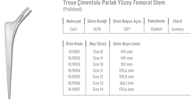 Troya Çimentolu Parlak Yüzey  Femoral Stem (Polished)