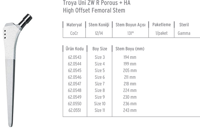 Troya Uni ZW R Porous + HA High Offset Femoral Stem